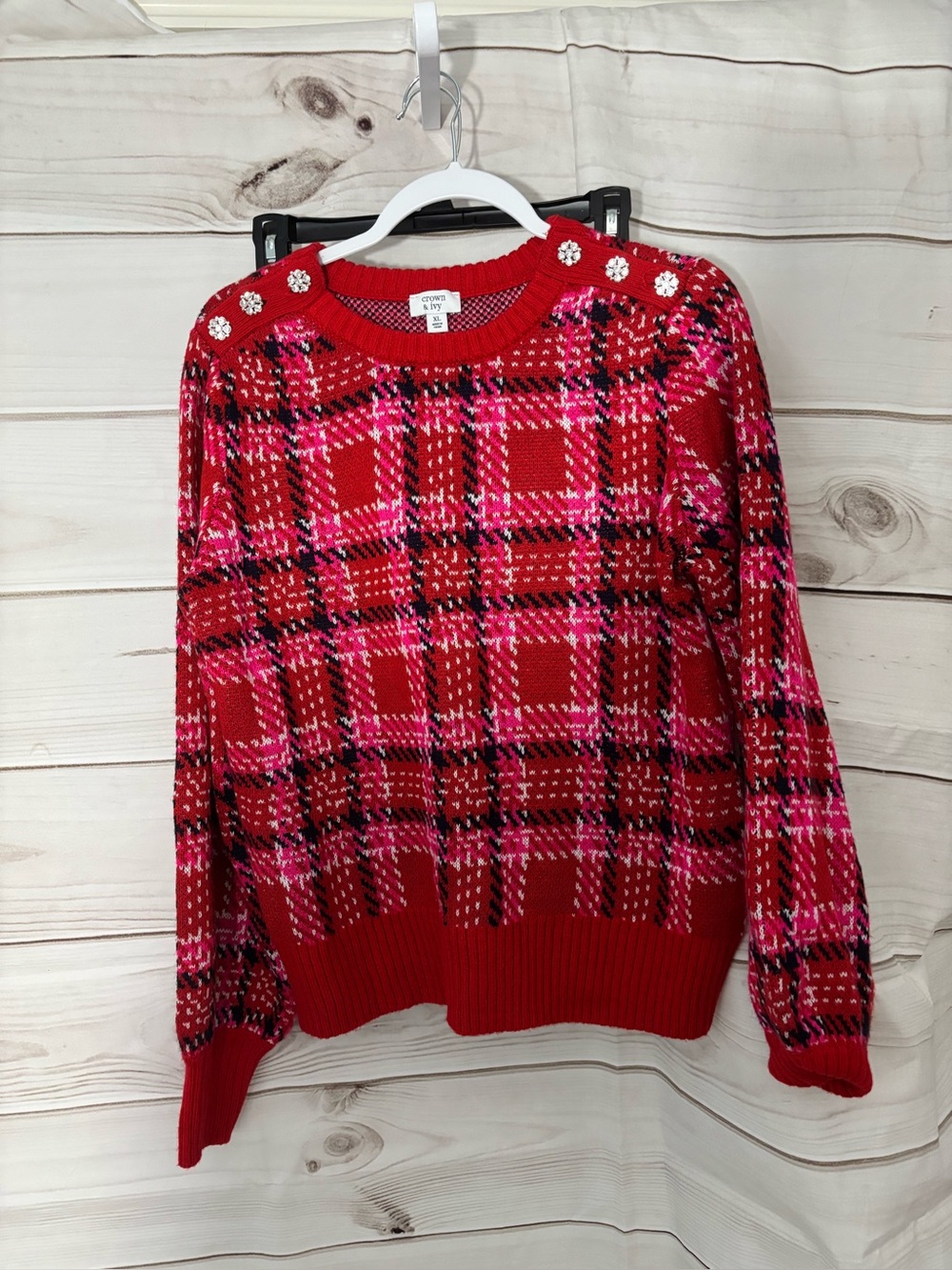 crown & ivy Red Plaid Crewneck Sweater with Pink and Black Accents